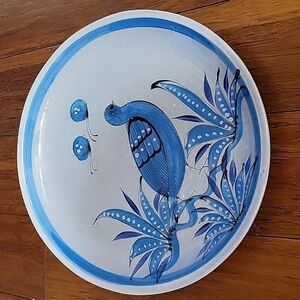 Vtg, Tonala Mexican Folk Art, Large Serving Plate, Bird, Blue, Artist Signed
